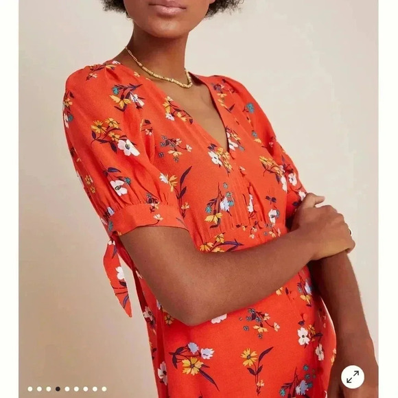ANTHROPOLOGIE /Maeve floral V-neck rayon dress/tie sleeves size 0 - Picture 3 of 15